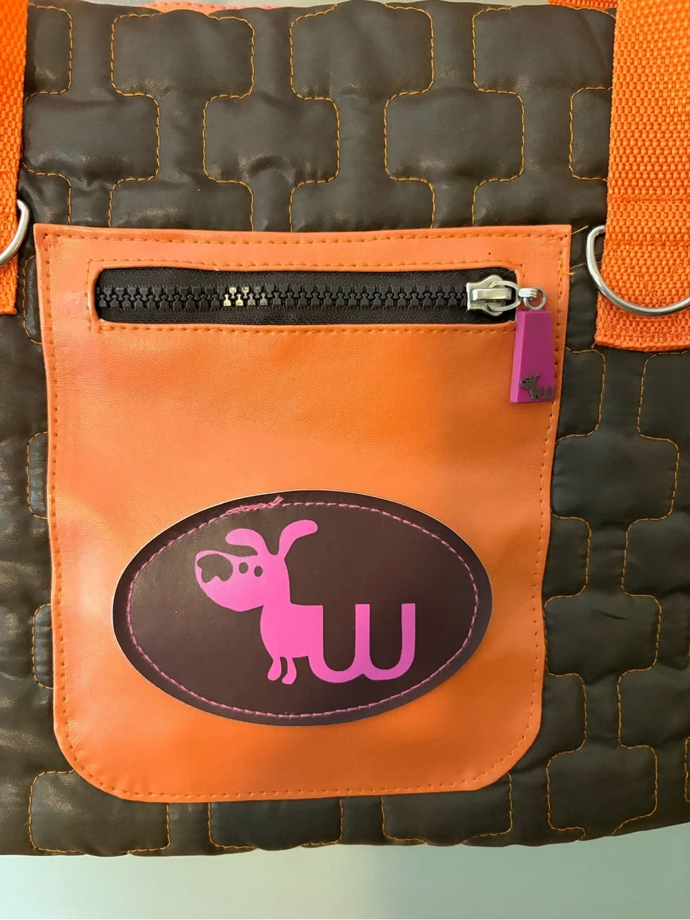 Vintage: Quilted Brown and Orange Dog Carrier Tote with Pink Logo